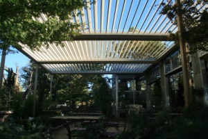 An image of a beautiful oasis covered by a louver for restaurants by Apollo