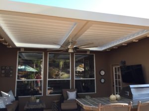 An image of a closed louvered roof for residential patios done by Apollo