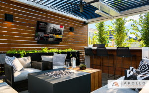 Louvered roof with dark louvers/light frame over an entertainment area with a wood panel wall for added privacy & shelter.