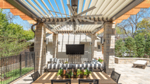 Gif of a custom integrated Apollo Opening Roof pergola opening and closing, with two bays featuring lighting, heaters, and fans installed.