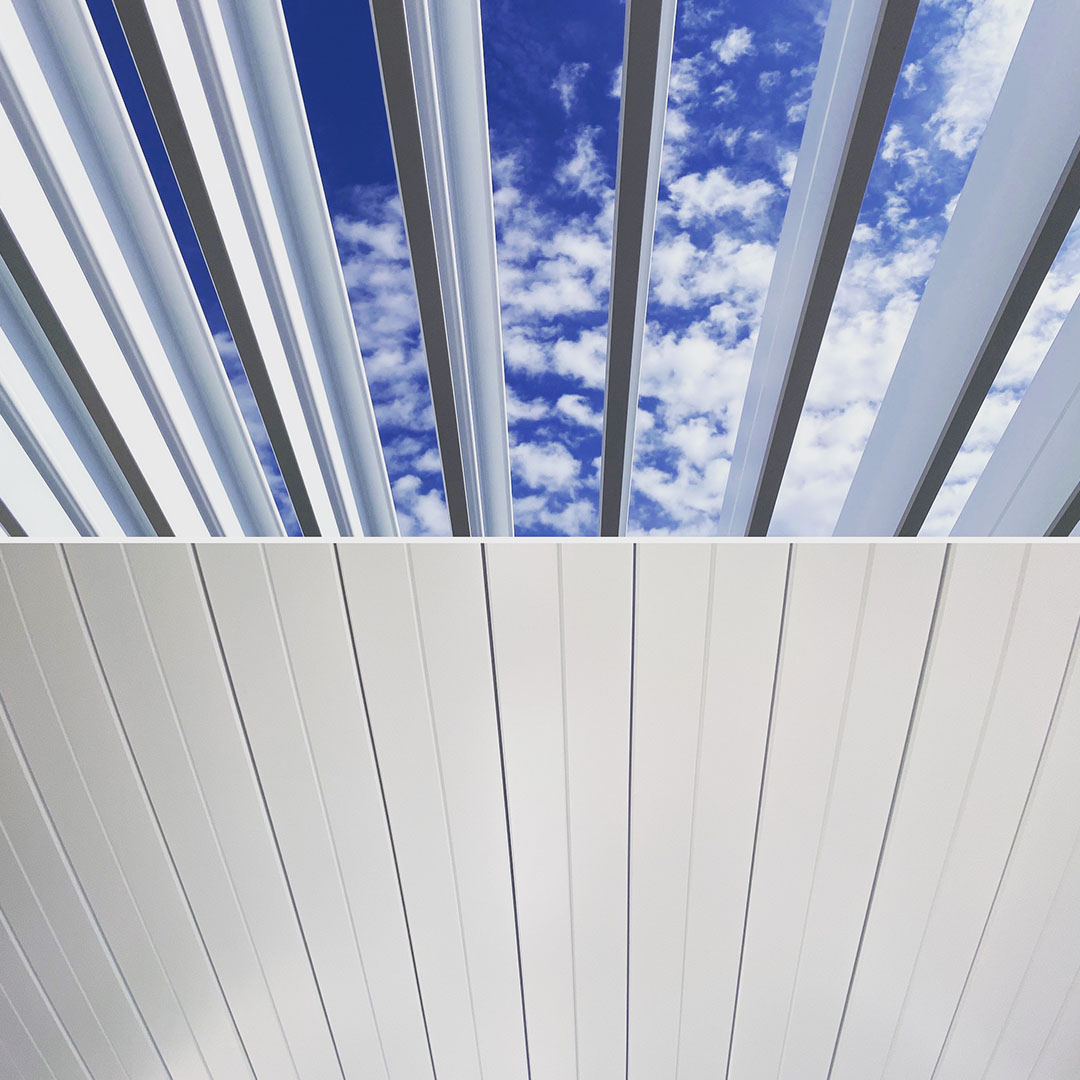 Close-up of Apollo aluminum pergola with partially open v-groove louvers.