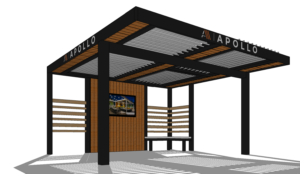 Apollo's booth design showcasing wooden accents, modern architecture, and a digital display for the PSP/Deck Expo 2023.