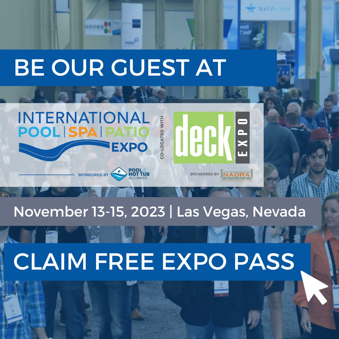 Promotional banner for the International Pool, Spa, Patio, and Deck Expo 2023 in Las Vegas, Nevada, with a call to action to claim a free expo pass.