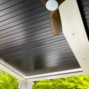 Aluminum pergola with interlocked closed louvers showcasing a sleek, seamless ceiling appearance.