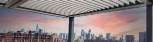 Apollo pergola on a New Jersey rooftop with a view of the skyline.