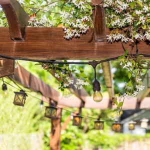 Close-up of a wood pergola adorned with live hanging plants and rustic lighting.
