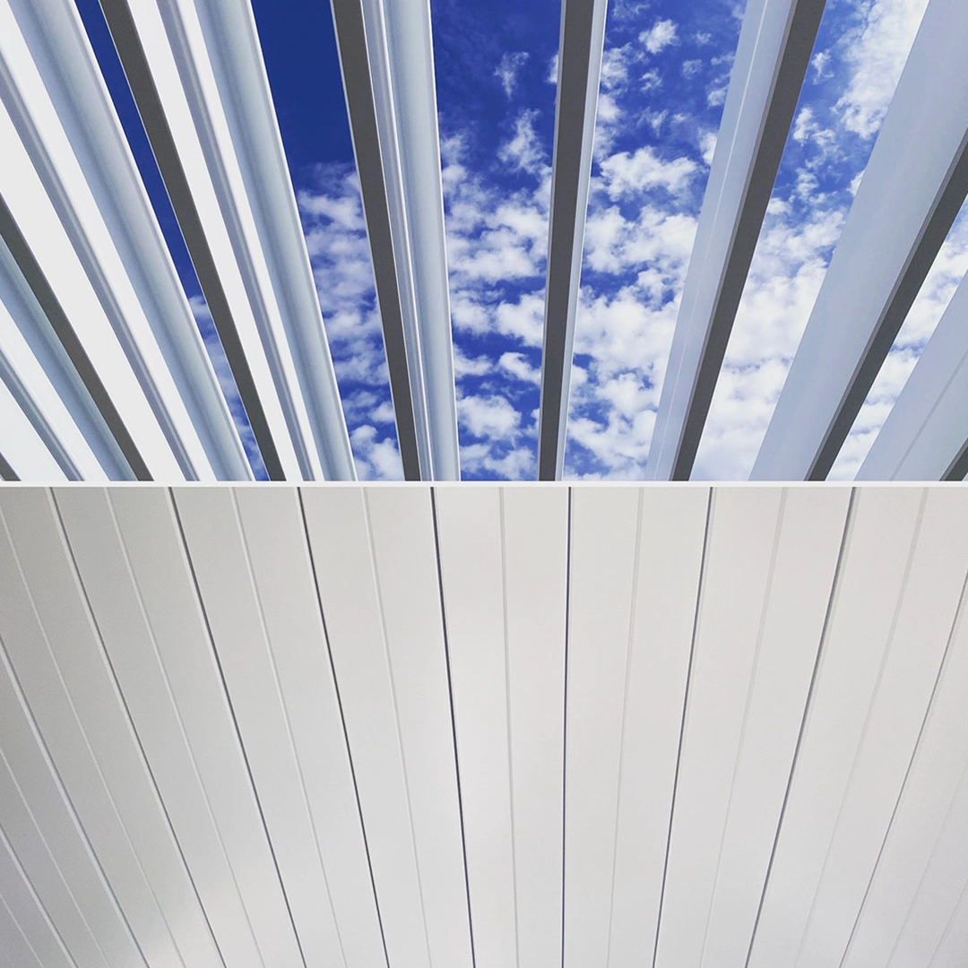 Louvered pergola slats open to a blue sky with white clouds with closed position below.