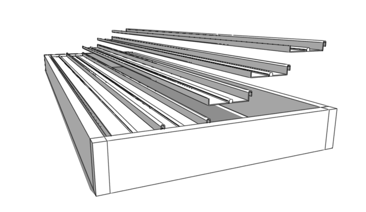 Array of aluminum louvers on pergola bay structure.