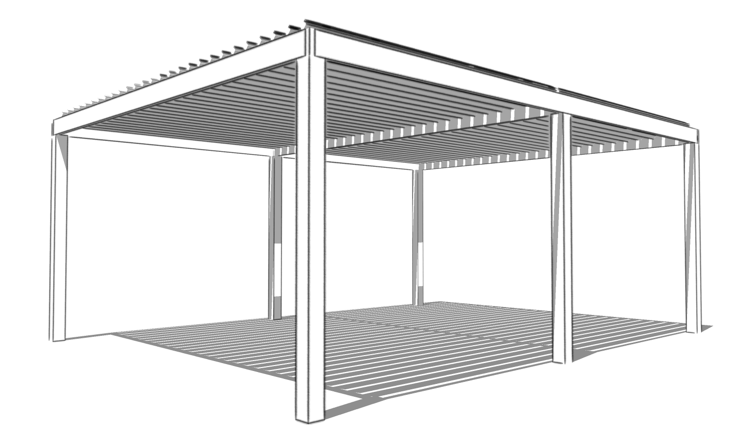 Sketch of a two-bay louvered pergola with open roof design.