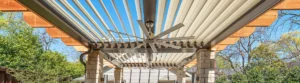 Louvered roof with open louvers providing a clear view of the sky.