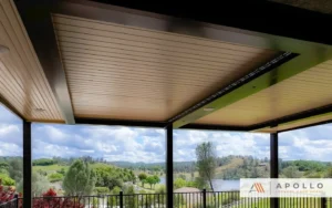 Custom louvered pergola with scenic outdoor view