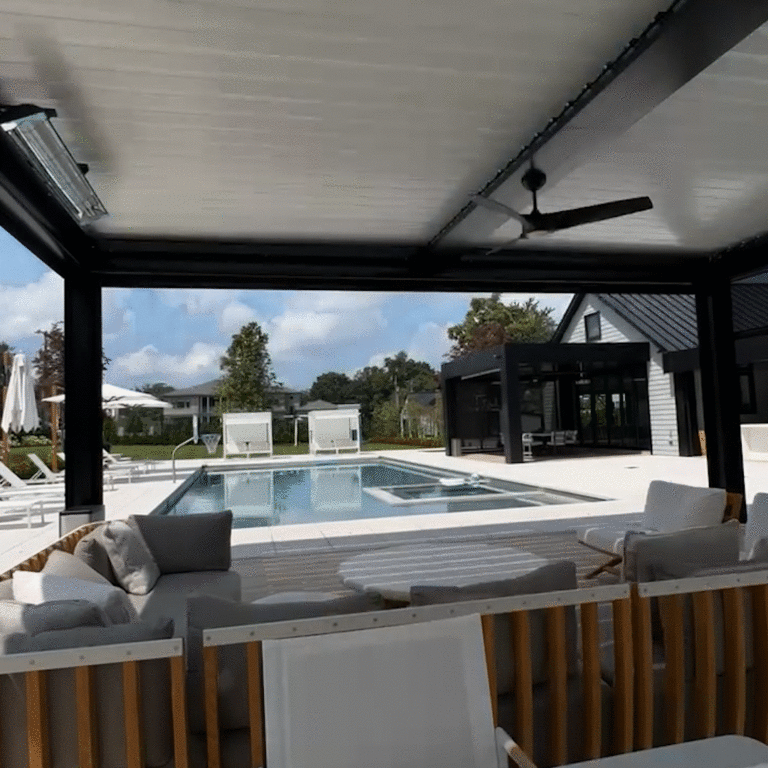 Black and White Louvered Pergola Open/Close with Drop Shades and Fans
