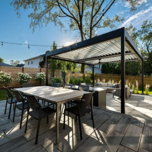 Backyard patio with dining set and modern louvered pergola in landscaped garden