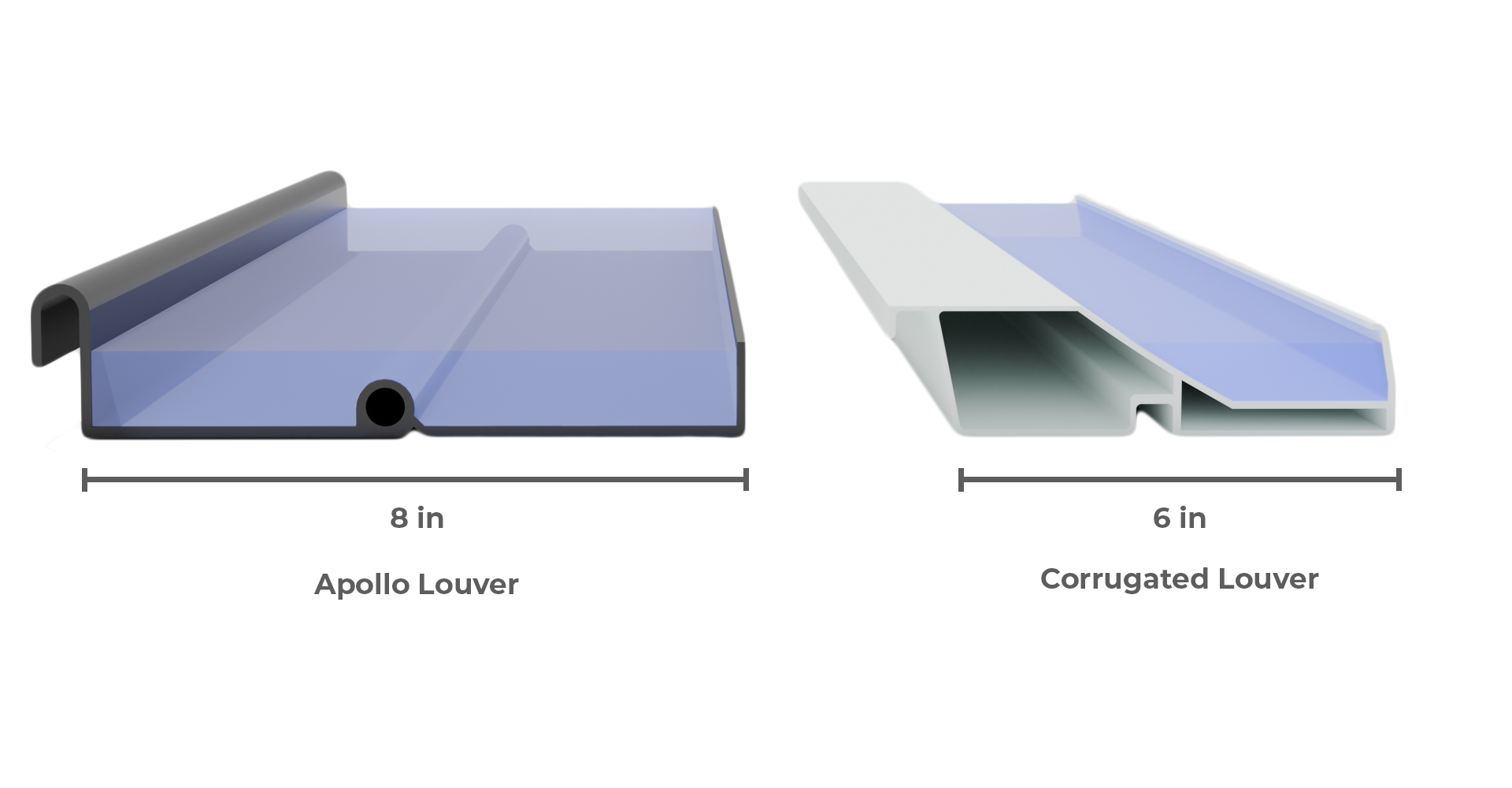 Side-by-side comparison of Apollo and Corrugated louvers with dimensions