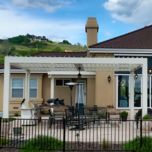 white patio cover with outdoor dining set BBQ grill and patio heater