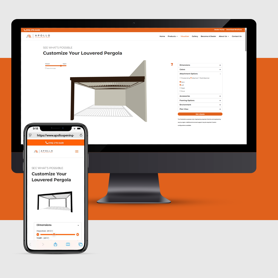 Apollo louvered pergola visualizer shown on desktop and mobile screens