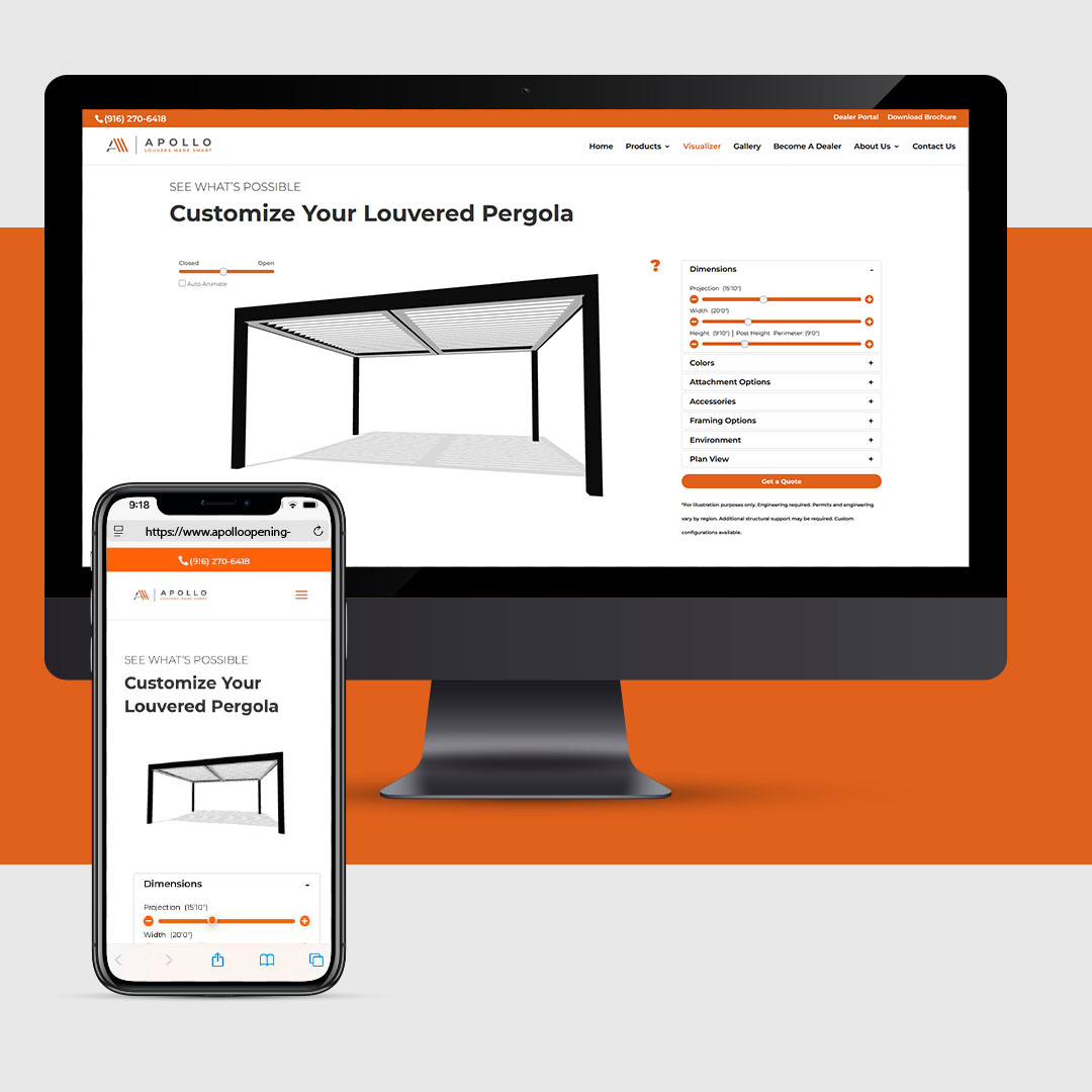 Apollo louvered pergola visualizer shown on desktop and mobile screens