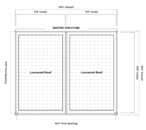 Plan view drawing of a 19 foot 6 inch by 16 foot pergola layout