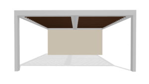 Front elevation render of a two-bay wall-attached louvered pergola