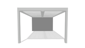 Front visualizer view of the white wall-attached louvered pergola in Thousand Oaks, CA showing two bays and the centered beam.