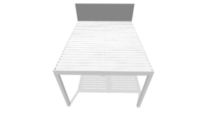 Overhead visualizer view of a white wall-attached louvered pergola in Thousand Oaks, CA with two bays and adjustable roof louvers.