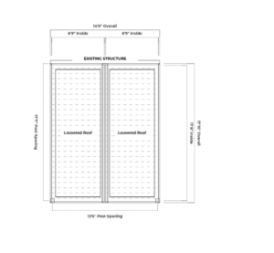 Plan view of a wall-attached white louvered pergola in Thousand Oaks, CA showing two bays, overall dimensions, and post spacing.