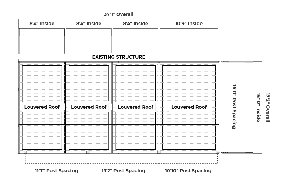 Wall-Attached Louvered Pergola Plan View Layout Plan view drawing of a wall-attached louvered pergola showing four bays, overall dimensions, inside spacing, and post spacing.