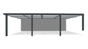 Front perspective visualizer rendering of a large wall-attached louvered pergola with multiple bays and support posts.