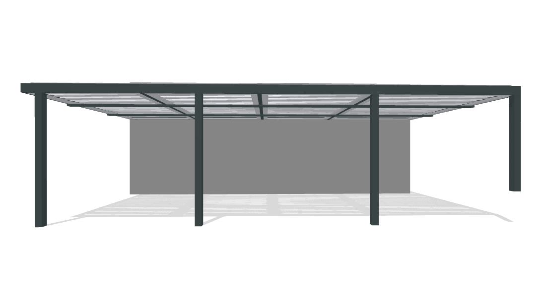 Wall-Attached Louvered Pergola Front Perspective Front perspective visualizer rendering of a large wall-attached louvered pergola with multiple bays and support posts.