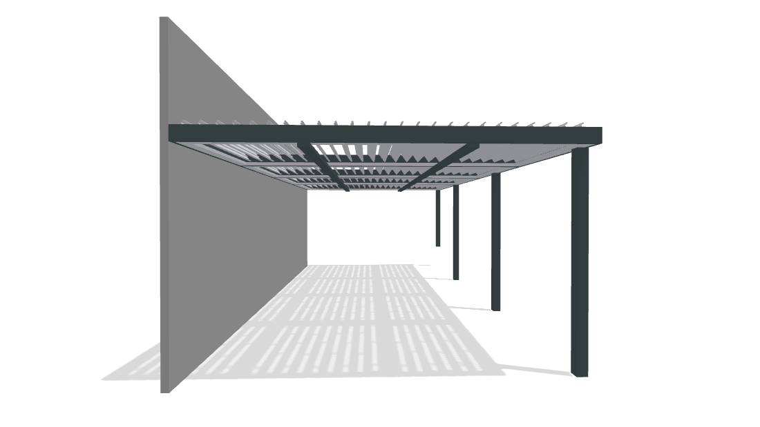 Wall-Attached Louvered Pergola Side View Side view rendering of a wall-attached louvered pergola showing projection from the structure and post alignment.
