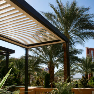 Dark-framed aluminum louvered pergola with open louvers allowing sunlight through on a commercial rooftop terrace surrounded by palm trees