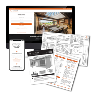 Composite graphic showing the Apollo dealer portal login on a desktop, a mobile dealer toolkit screen, and printed installation guides and engineering drawings fanned out in front.