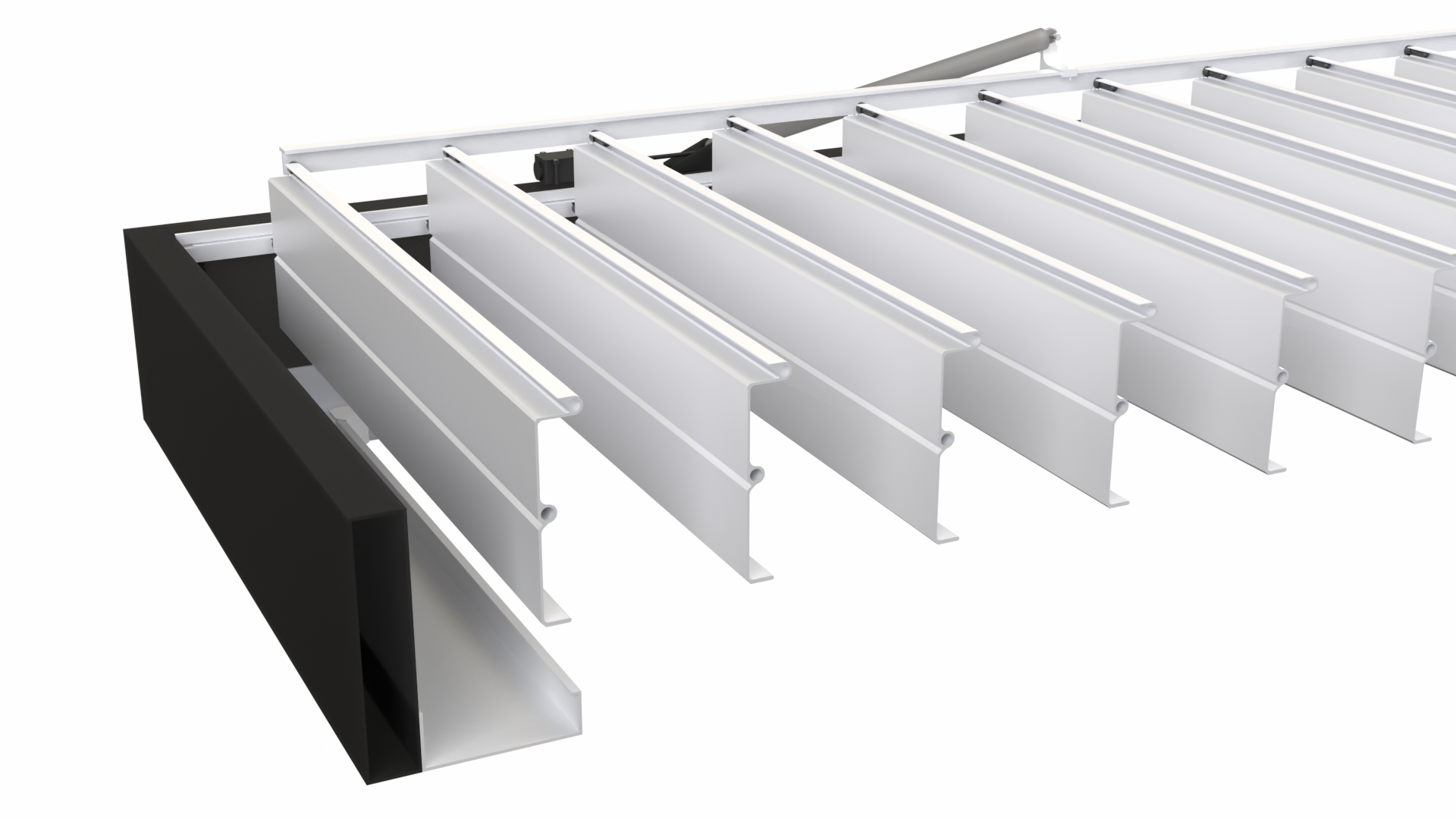 3D render of an adjustable aluminum louvered roof system with parallel slats
