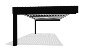 Cantilevered louvered pergola with overhead coverage and minimal front support posts