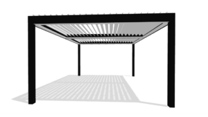 Freestanding louvered pergola with four-post aluminum frame and adjustable roof slats