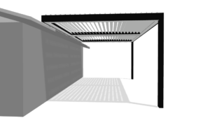 Roof attached louvered pergola connected beneath a roofline with adjustable slats