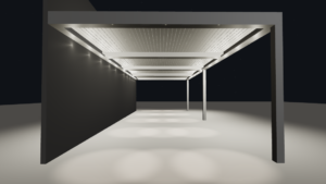Night rendering of wall-attached pergola with integrated recessed lighting