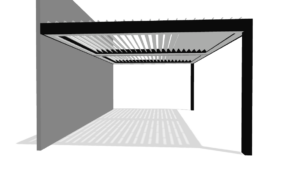 Wall attached louvered pergola extending from an exterior wall with adjustable slats