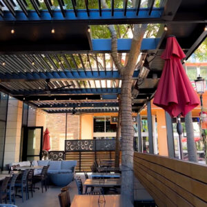 View from inside a restaurant patio looking up at an open motorized pergola roof with string lights and a live tree growing through the space