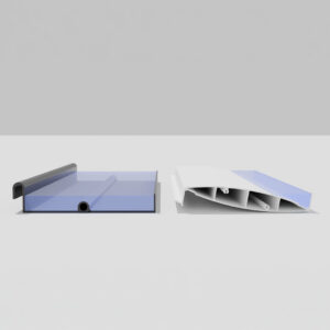 Cross-section comparison of an Apollo solid louver shedding water to the gutter beside an Equinox hollow double-walled louver with water pooling in the profile