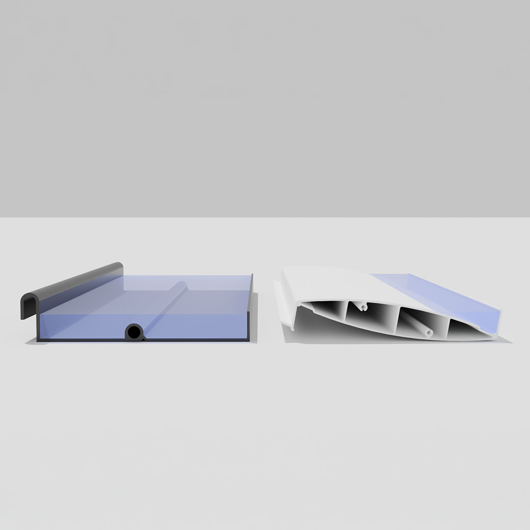 Cross-section comparison of an Apollo solid louver shedding water to the gutter beside an Equinox hollow double-walled louver with water pooling in the profile