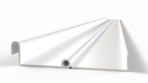 Single white aluminum louver blade viewed at an angle, showing its bullnose edge and built-in drainage channel