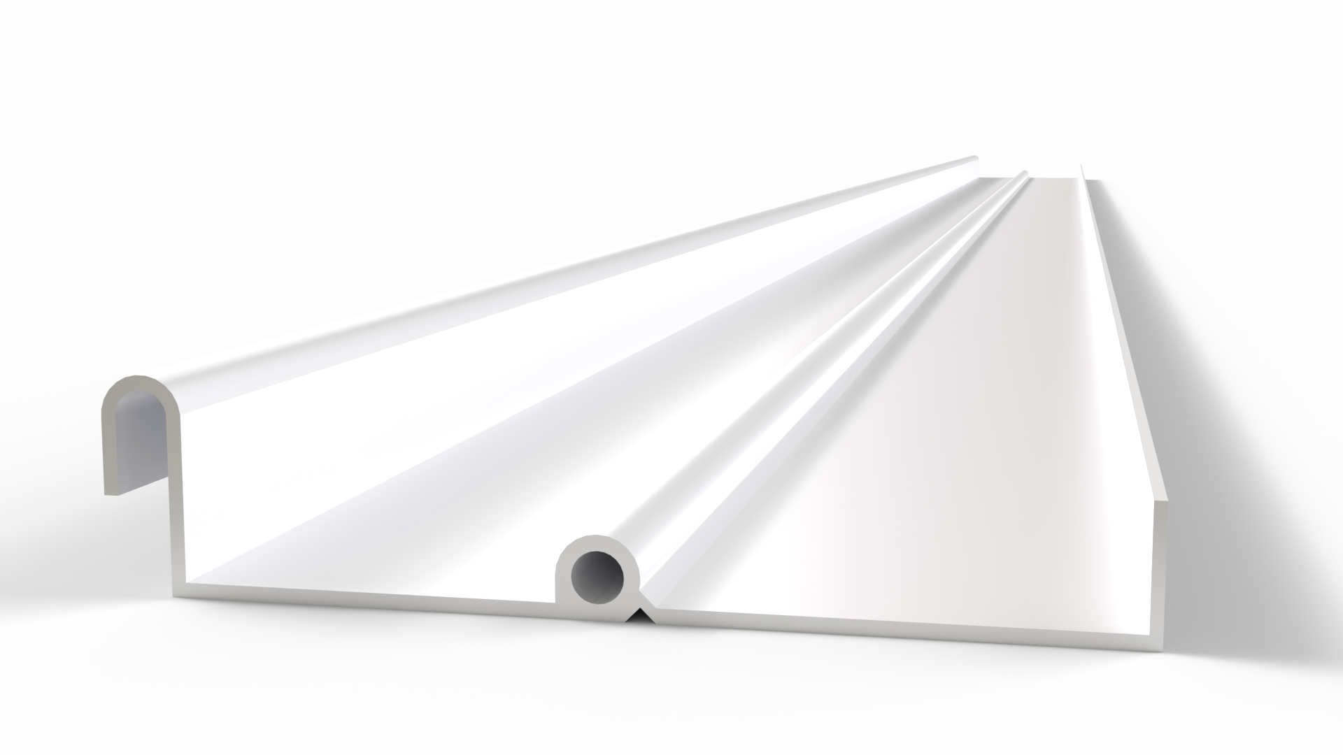 Single white aluminum louver blade viewed at an angle, showing its bullnose edge and built-in drainage channel