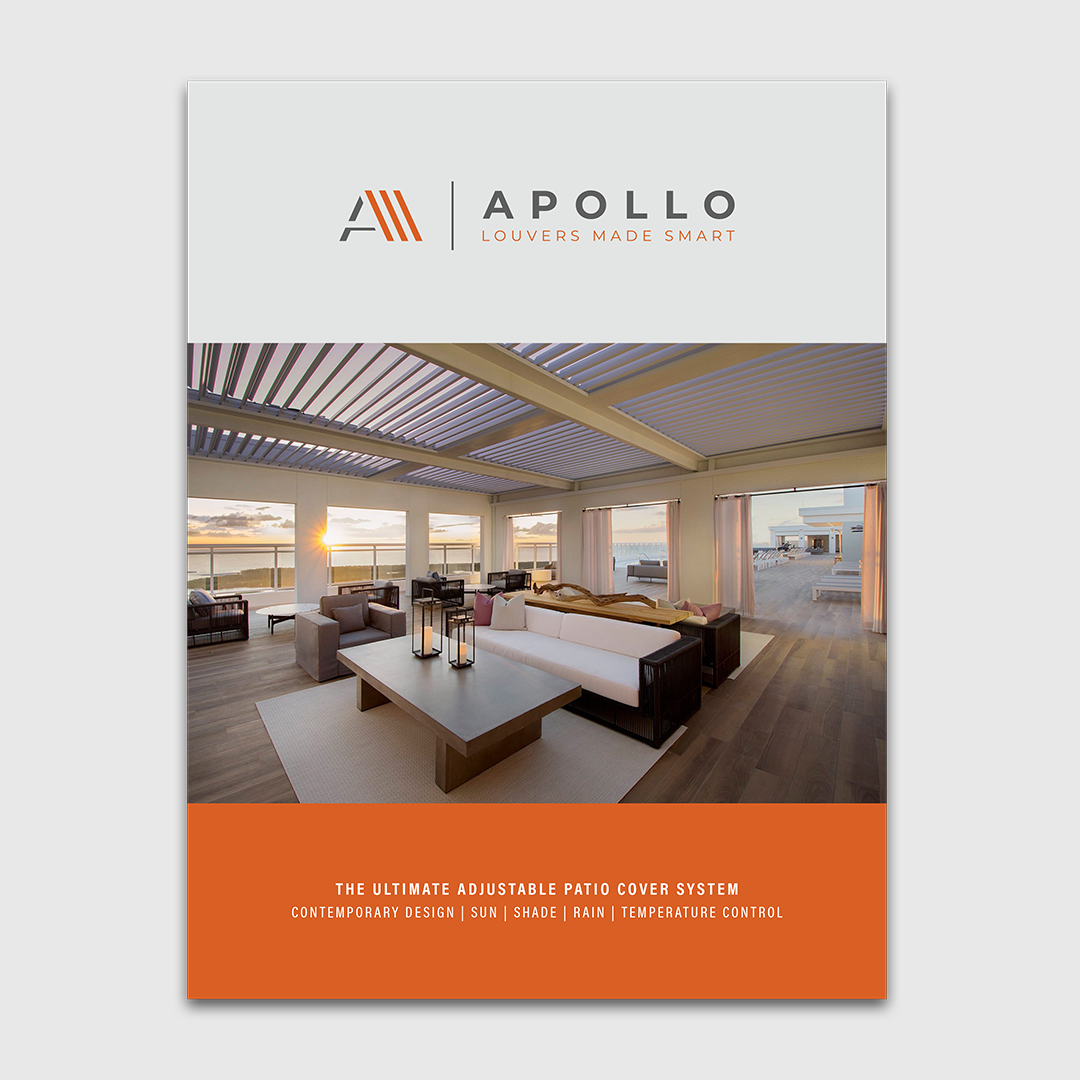 Apollo Opening Roof brochure cover featuring a waterfront lounge installation and the tagline "The Ultimate Adjustable Patio Cover System"