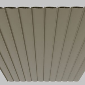 Equinox louvered roof in Clay, closed and viewed from below, showing curved double-walled blades with visible seam lines and hollow ends