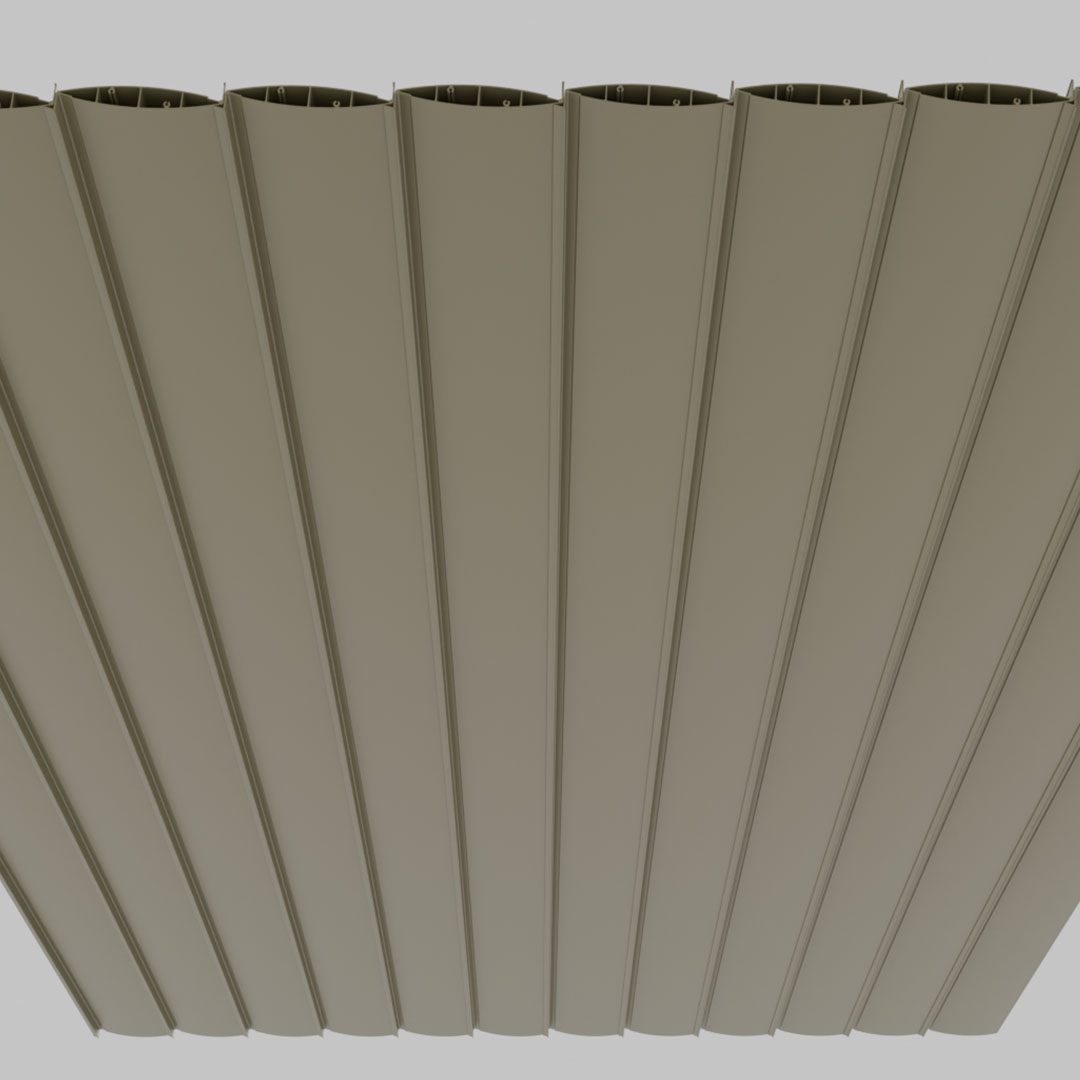 Equinox louvered roof in Clay, closed and viewed from below, showing curved double-walled blades with visible seam lines and hollow ends