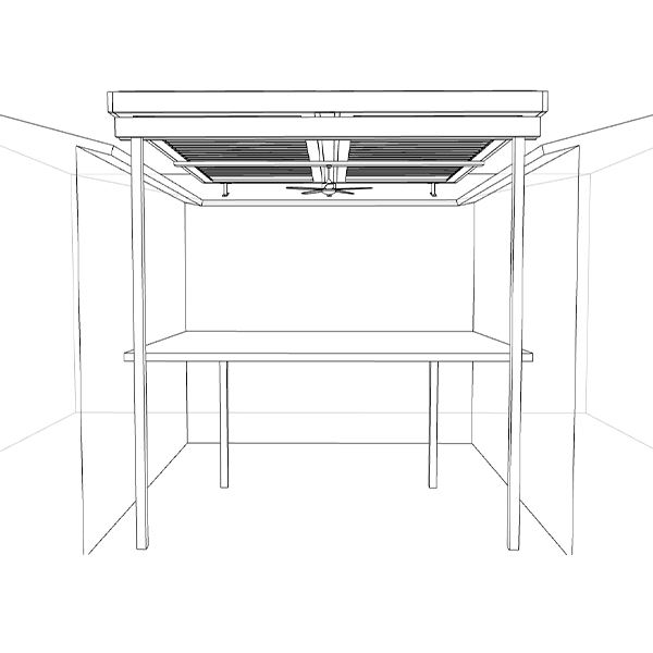 A wireframe 3D model shows a freestanding pergola frame with a louvered roof and a center-mounted ceiling fan above a table setup.
